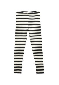 Randiga leggings i svart och vitt, tillverkade av mjukt tyg, med en åtsittande passform och en slät midjeband, lämpliga för avslappnad användning.
