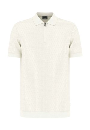 Hellbeiges Poloshirt mit kurzen Ärmeln, dezent strukturiertem Muster und Frontreißverschluss unter dem Kragen.