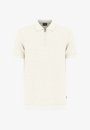 Hellbeiges Poloshirt mit kurzen Ärmeln, dezent strukturiertem Muster und Frontreißverschluss unter dem Kragen.