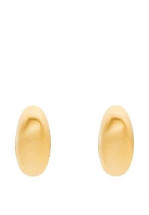 Goldene Ohrhänger mit tropfenförmigem, glattem, abgerundetem Design und polierter Oberfläche. Die reflektierende Oberfläche verstärkt den visuellen Fluss und die Schlichtheit.