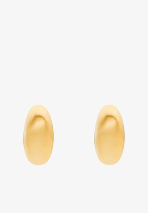 Goldene Ohrhänger mit tropfenförmigem, glattem, abgerundetem Design und polierter Oberfläche. Die reflektierende Oberfläche verstärkt den visuellen Fluss und die Schlichtheit.