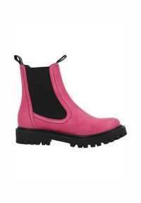 Stivale Chelsea in pelle rosa con pannello elastico laterale nero, suola spessa in gomma nera e tiranti anteriori e posteriori.