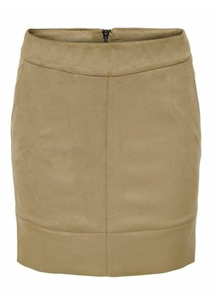 Mini nederdel i tan ruskind med høj talje, synlig frontsyning og lynlås bagpå.