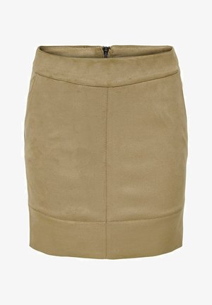 Mini-jupe en daim fauve avec taille haute, couture avant visible et fermeture éclair au dos.