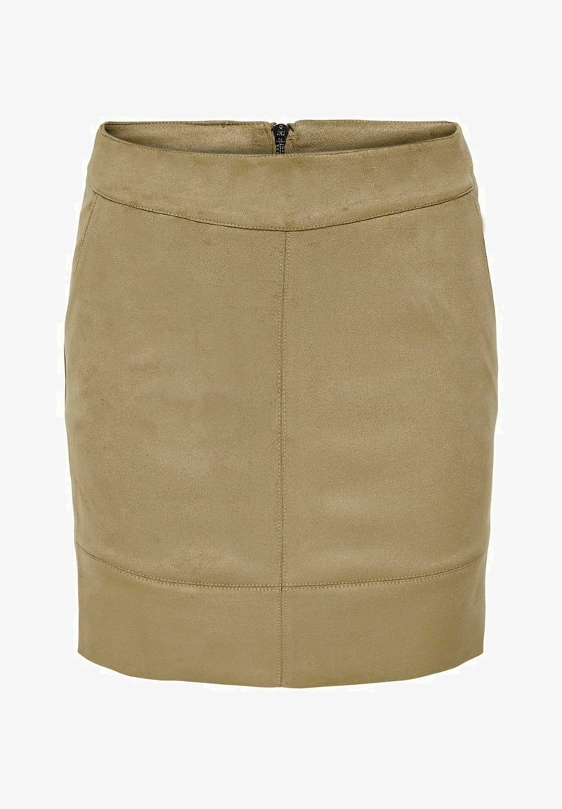 Mini-jupe en daim fauve avec taille haute, couture avant visible et fermeture éclair au dos.