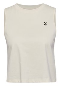 White sleeveless crop top made of soft cotton, featuring a round neckline and a small black chevron logo on the left chest area.