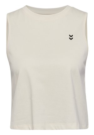 Witte mouwloze crop top van zachte katoen, met een ronde hals en een klein zwart chevronlogo op de linker borst.