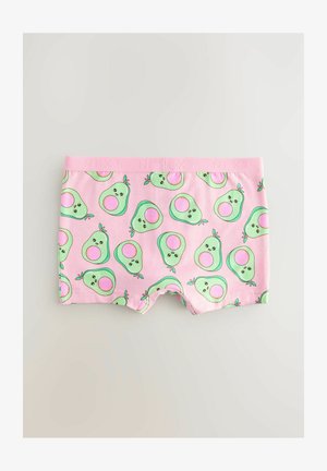 Lyserøde bomuldsboxershorts med et gentagende mønster af grønne avocadoer med lyserøde midtpunkter og smilende ansigtstræk. Med elastisk talje.