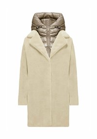 Beige outerwear coat with a faux fur texture, featuring a detachable puffy hood in a light brown color and a smooth inner lining.