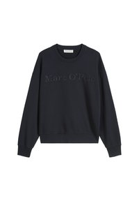 Navyblauwe sweatshirt met ronde hals en lange mouwen, met "Marc O'Polo" geborduurd op de borst in een iets lichtere kleur.