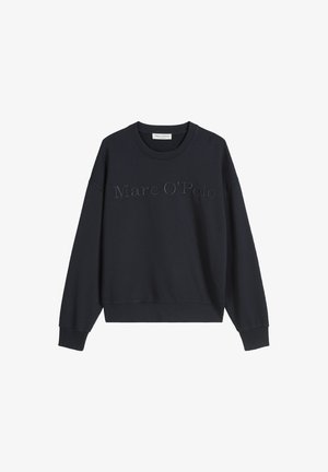 Navyblaues Sweatshirt mit Rundhalsausschnitt und langen Ärmeln, das "Marc O'Polo" in einer etwas helleren Farbe auf der Brust gestickt hat.