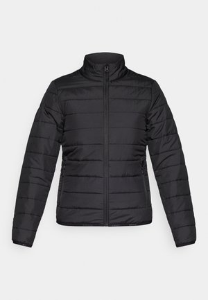 Veste puffer noire avec un col haut, texture matelassée, fermeture éclair à l'avant et poches latérales. Design léger et épuré.