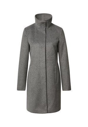 Manteau en laine grise avec un col montant, des manches longues et une coupe droite. Comprend des poches latérales et un design minimaliste sans embellissements supplémentaires.