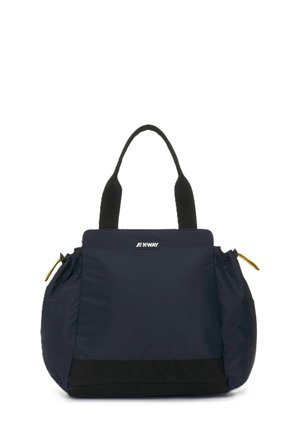 Borsa a mano K-Way blu navy con pannello inferiore nero, manici corti neri e tasche laterali con cursori gialli.