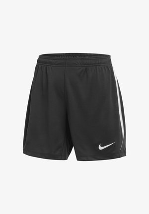 Shorts de sport noirs avec taille élastique, rayure latérale blanche et logo Nike Swoosh blanc sur la jambe gauche.