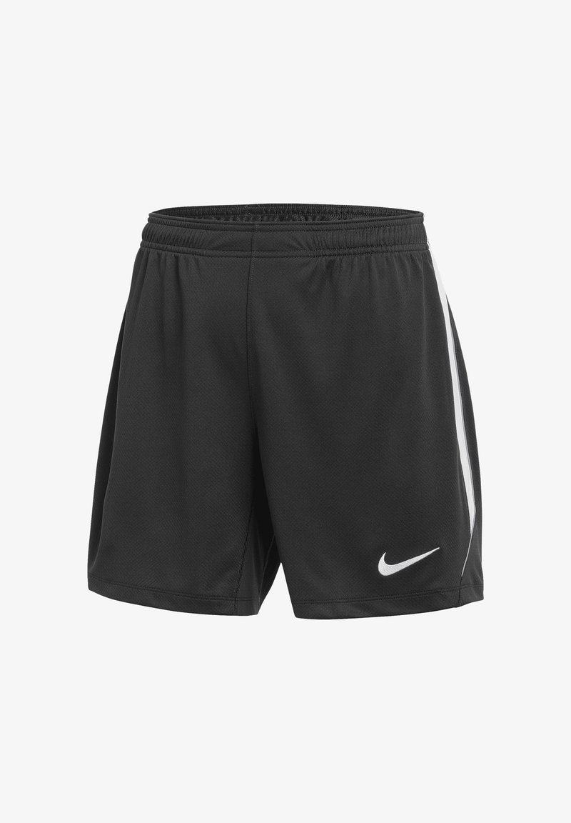 Zwarte sportieve short met elastische tailleband, witte zijstreep en wit Nike-swooshlogo op het linkerbeen.
