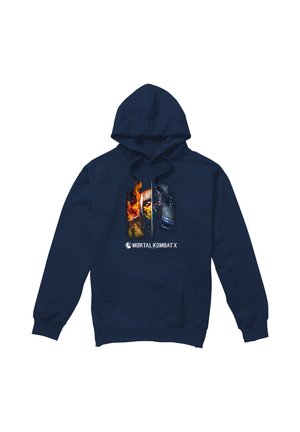 Navy hoodie featuring split face of Mortal Kombat X character Scorpion with fire on one side and ice on the other, and Mortal Kombat X logo below.