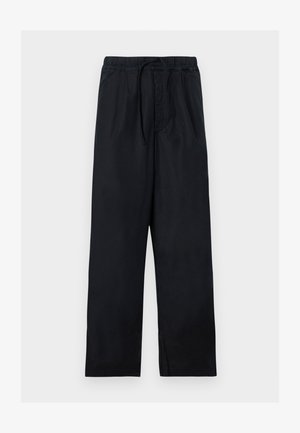 Pantalon noir coupe ample avec taille élastique et cordon, équipé de poches latérales et d’une coupe droite.