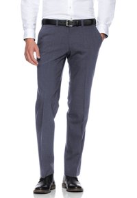 Gray tailored dress pants made of a smooth fabric, featuring a straight leg cut, side pockets, and a black belt.
