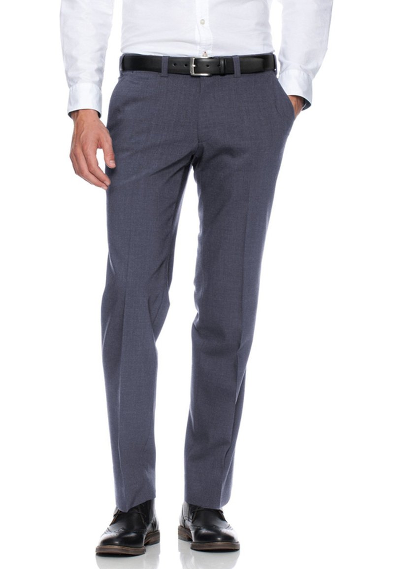 Gray tailored dress pants made of a smooth fabric, featuring a straight leg cut, side pockets, and a black belt.