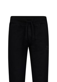 Schwarze Jogginghose aus weichem Stoff mit elastischem Bund und Kordelzug. Mit Seitentaschen und einem kleinen aufgedruckten Logo auf der Vorderseite.