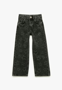 Sorte denim bredbenede jeans med et subtilt stjernemønster, knaplukning og traditionelt fem-lomme-design.