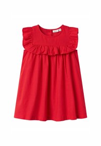 Robe en coton rouge avec un col volé, des manches courtes et une jupe évasée qui offre une coupe ample et un style décontracté.