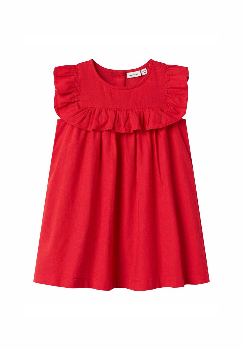 Robe en coton rouge avec un col volé, des manches courtes et une jupe évasée qui offre une coupe ample et un style décontracté.
