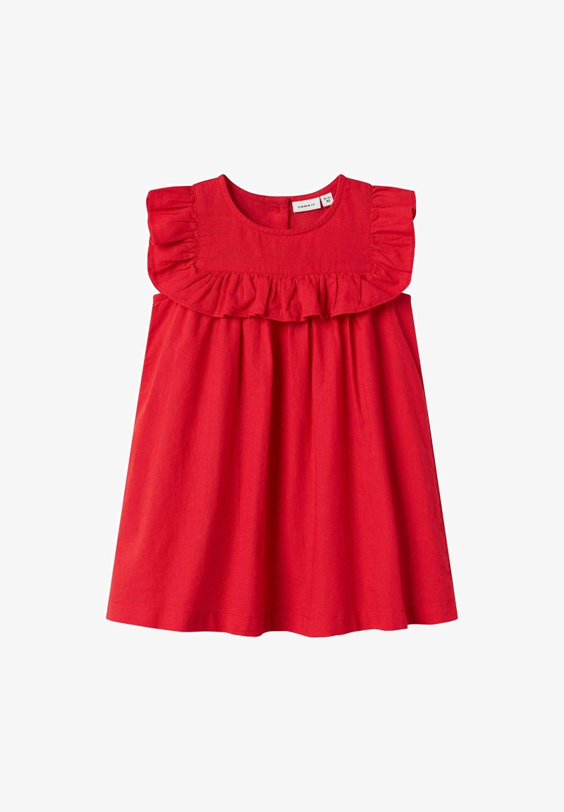 Rotes Baumwollkleid mit gerafftem Ausschnitt, kurzen Ärmeln und einem ausgestellt Rock, der eine lockere Passform und einen lässigen Stil bietet.