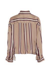 Cropped, beige button-up shirt with burgundy and white vertical stripes. Smooth texture with a collared neckline and adjustable cuffs.