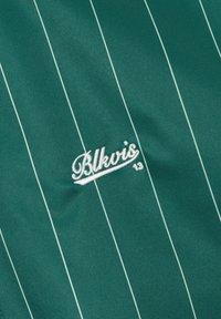 Zielona tkanina z cienkimi białymi pionowymi paskami oraz białym haftowanym napisem "Blkvis 13" w stylu kursywy.