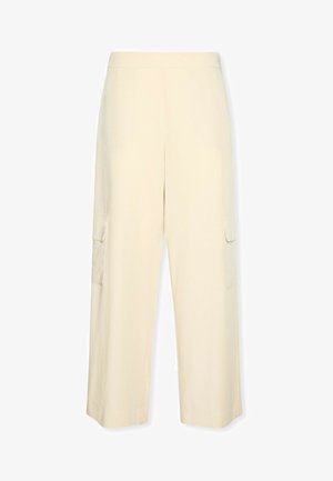 Pantaloni beige a gamba larga con vita alta e tasche a patta su ogni lato, realizzati in una vestibilità comoda.