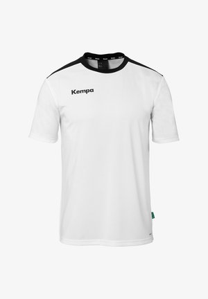 White short-sleeve t-shirt made of lightweight fabric, featuring black accents on the shoulders and a "Kempa" logo on the front.