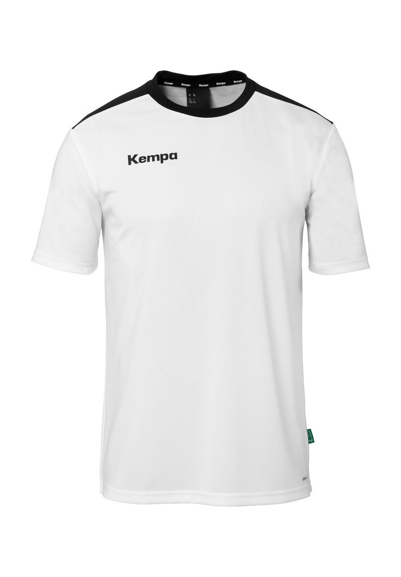 Witte korte mouwen T-shirt van lichtgewicht stof, met zwarte accenten op de schouders en een "Kempa" logo op de voorkant.