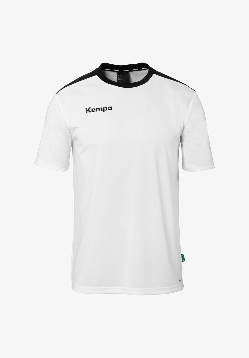 Hvid kortermet t-shirt lavet af letvægtsstof, med sorte detaljer på skuldrene og et "Kempa" logo på fronten.
