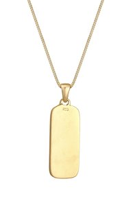 Goldfarbene Anhänger-Halskette mit einem rechteckigen Metallanhänger, der eine glatte Oberfläche hat und mit "925" gekennzeichnet ist, hängend an einer dünnen Kette.