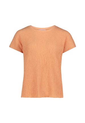 Korte mouwen, perzikkleurige gebreide top met structuur, ronde halslijn en rechte zoom op een witte achtergrond.