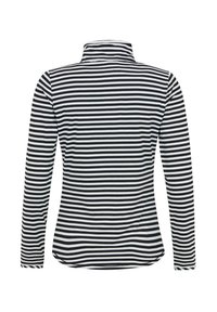 Polo a maniche lunghe con colletto alto, caratterizzato da un motivo a righe orizzontali bianche e nere. Realizzato in tessuto leggero e elastico.