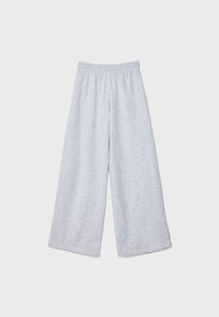 Pantaloni a gamba larga grigio chiaro realizzati in un tessuto morbido e elasticizzato. Presentano una vita elastica e un design semplice senza tasche né decorazioni.