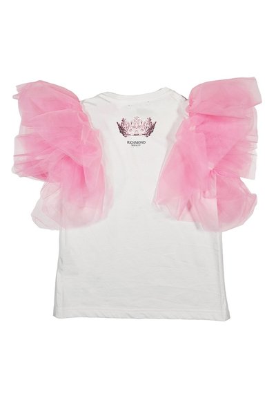 T-shirt bianco con maniche voluminose in tulle rosa e stampa grafica di una corona con il testo "RICHMOND ROYALTY" sotto il design.