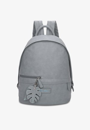 Grau Fauxleder-Rucksack mit runder Form, einem Reißverschluss-Frontfach und einem blattförmigen Zubehör. Verstellbare Schulterriemen.