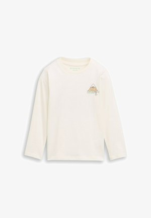 Cremefarbenes Langarmshirt mit einer kleinen Grafik eines Berges und den Worten "Just Chilling" auf der linken Brustseite.
