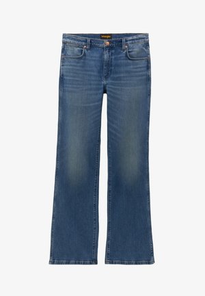 Blå denimjeans med let falming på lårene, lige ben, fem-lomme design, kobbernitter og et Wrangler-mærke på linningen.