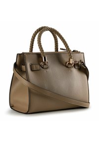 Mittelgroße Handtasche aus beigem, strukturiertem Leder. Mit geflochtenen Griffen, goldfarbenen Beschlägen und abnehmbarem Schultergurt. Reißverschluss.