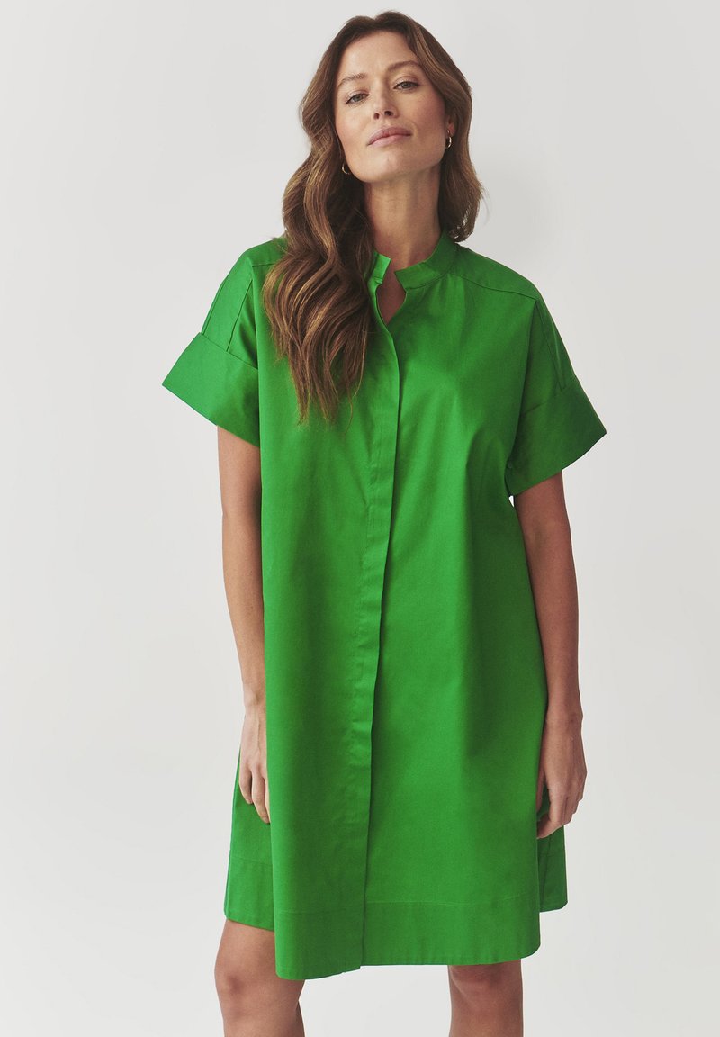 Green cotton dress with short sleeves, a stand-up collar, and a straight cut. Smooth texture with no visible patterns or accents.