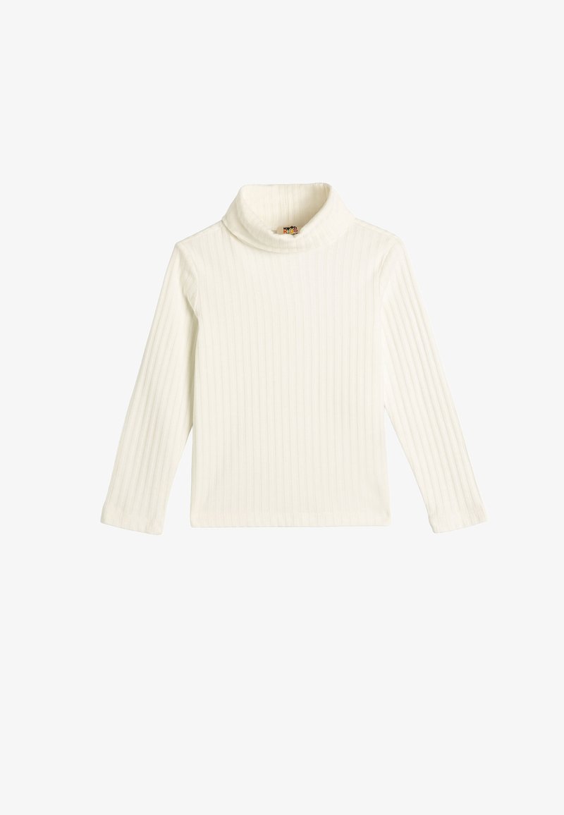 Witte geribde turtleneck shirt met lange mouwen, met een hoge kraag en een getailleerd ontwerp. Zachte textuur, lichtgewicht stof.