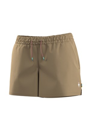 Lichtbruine shorts met een elastische taille, roze en blauwe trekkoorden, zijzakken en een klein wit robotlogo op het onderbeen aan de linkerkant.