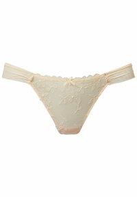 Lace-trimmed string in zacht beige materiaal, met delicate bloemenborduursels en een klein strikje in het midden voor.