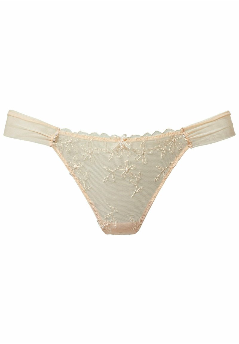 Lace-trimmed string in zacht beige materiaal, met delicate bloemenborduursels en een klein strikje in het midden voor.