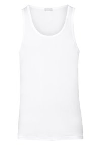 Bílý tílko vyrobené z měkké, lehké tkaniny. Má kulatý výstřih a široké průramky, s hladkou texturou a bez vzorů.